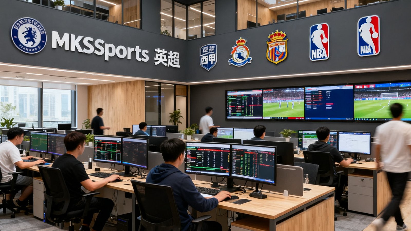 MKSports上海总部开放式办公区全景，数十名员工在双屏工作站前处理赛事数据，墙面悬挂着各大联赛的标志