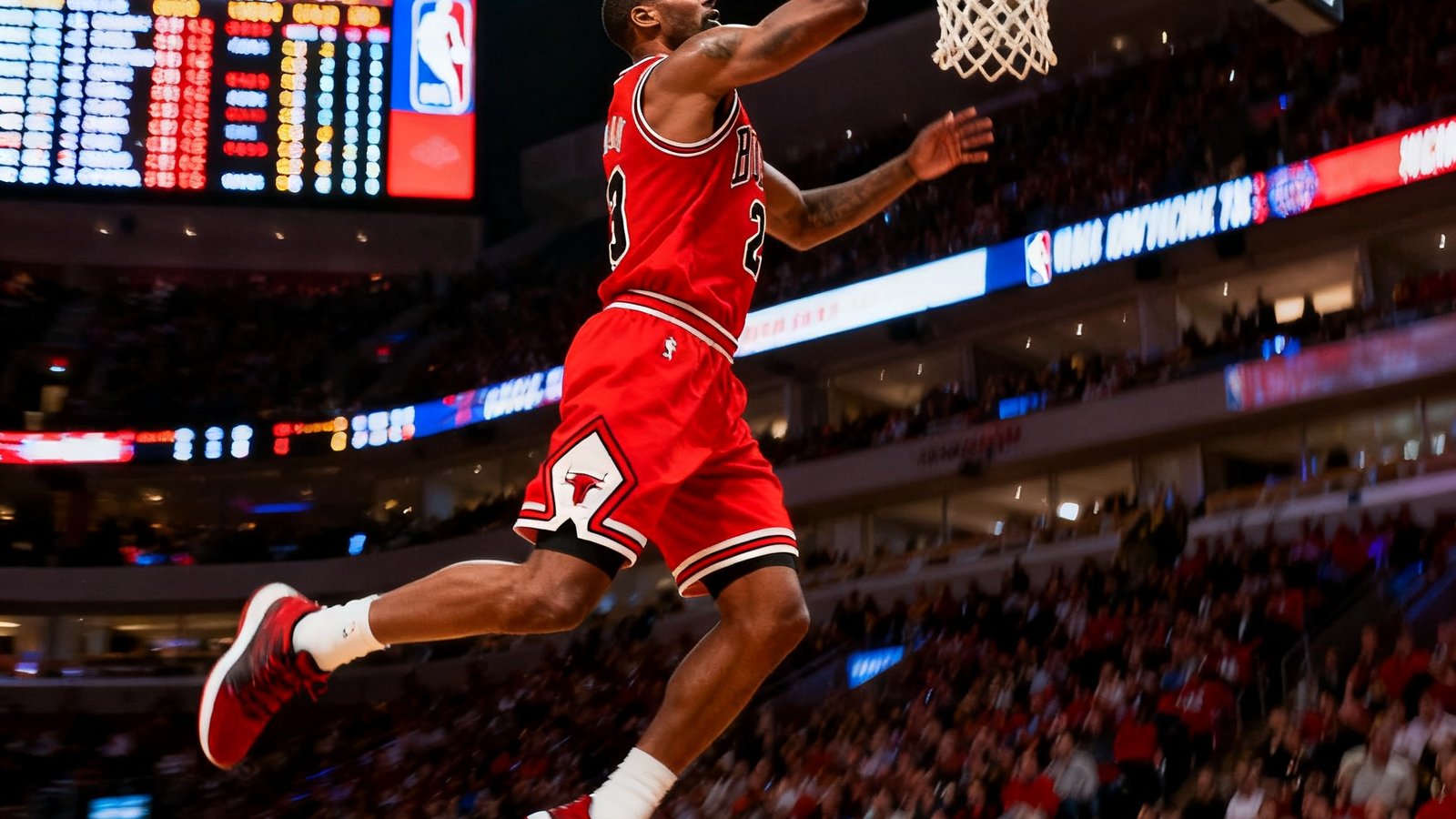 NBA赛场上一位身披红色球衣的球星飞身扣篮，背景是闪耀的记分牌和沸腾的观众