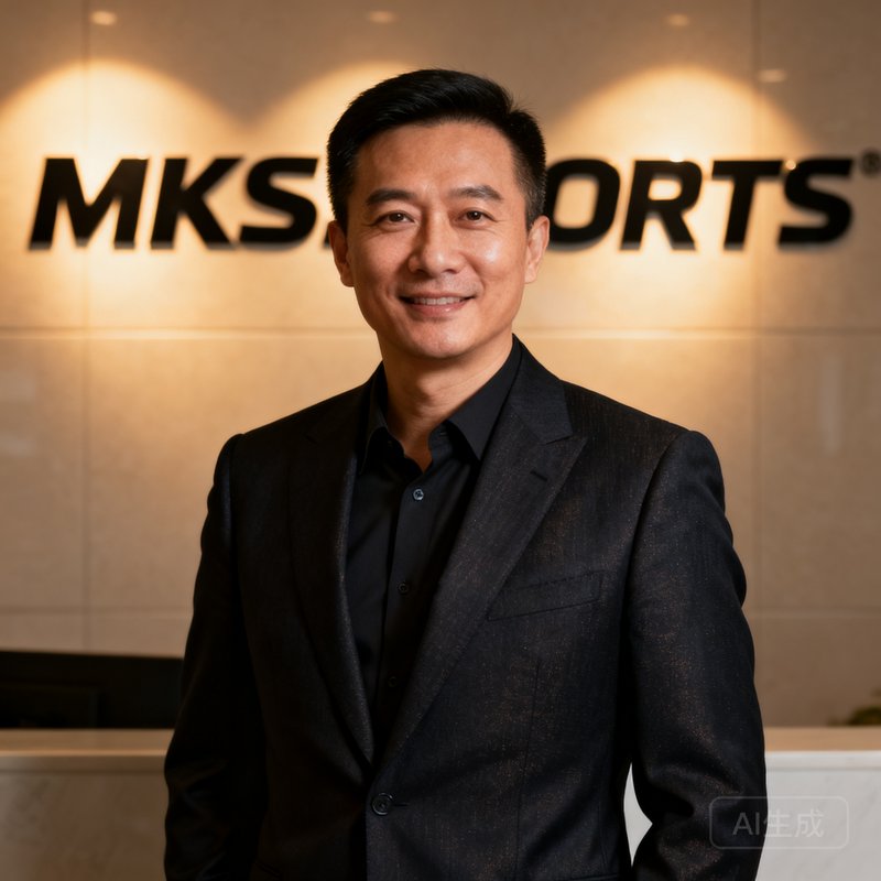 MKSports创始人林振东的半身商务照，穿着深色西装，背景为公司Logo墙，表情自信从容